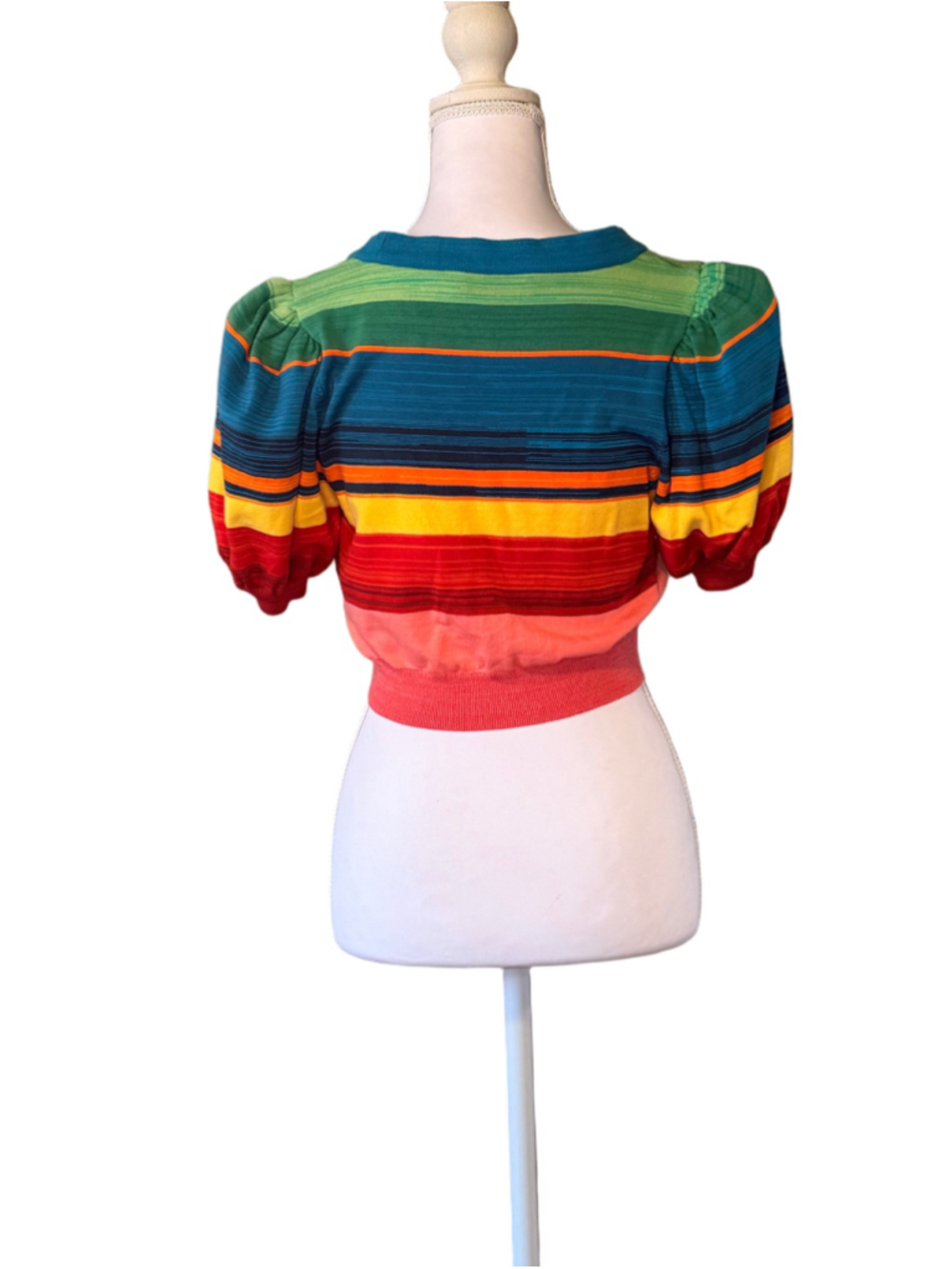 Alice + Olivia Rainbow Stripe Puff Sleeve Cropped Cardigan S/P - Picture 3 of 6